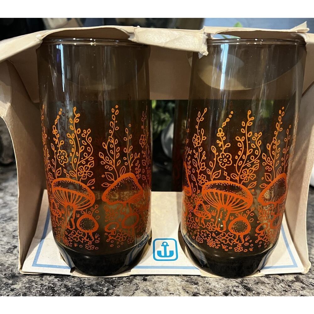Vintage Anchor Hocking Glasses Orange Mushroom Garden 6” Tall 16 oz Set 4 NOS - Picture 11 of 12